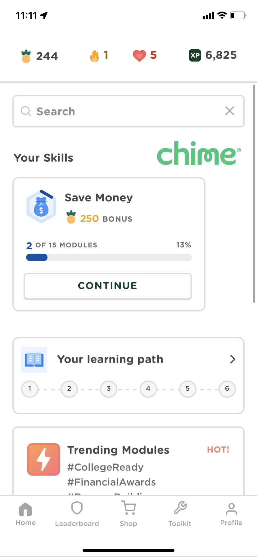 Screenshot of the Chime-branded Zogo app experience. The home screen has badges titled 