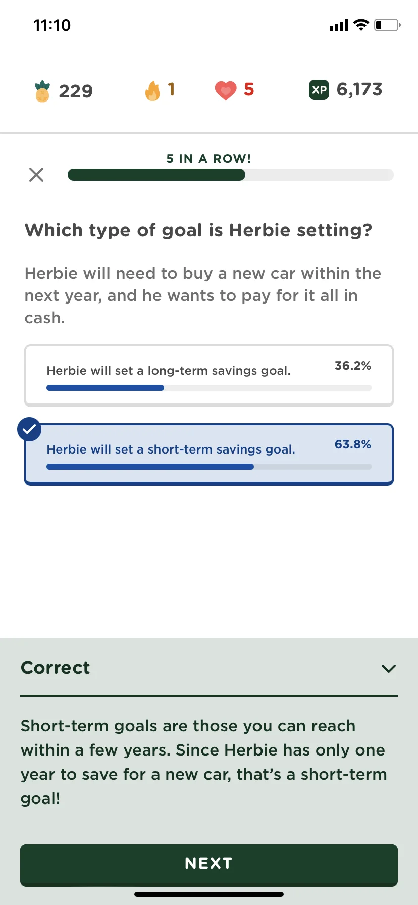 Screen shot of the Chime-branded Zogo experience. The picture shows what an example question is like with multiple options. Selecting the correct option, displays short information about the topic and progress bar hovers on top.