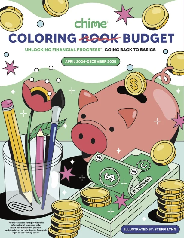 The cover page of the coloring book that has illustrations of a pink pig shaped savings jar, green cash and a jar full of pencils and paintbrushes.