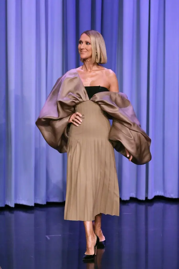 Singer Celine Dion on The Tonight Show Starring Jimmy Fallon in brown dress with off the shoulder oversized detailing