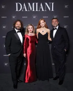 MILAN, ITALY - MARCH 14: (L-R) Guido Damiani, Silvia Damiani, Jessica Chastain and Giorgio Damiani attend Damiani Centenary gala dinner at Teatro Alcione on March 14, 2024 in Milan, Italy. (Photo by Daniele Venturelli/Corbis via Getty Images for Damiani)