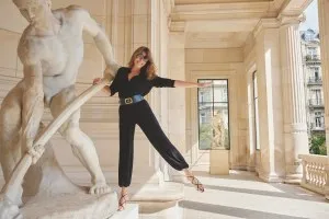 Carla in the Beaux-Arts style peristyle of the Palais Galliera, beside The Digger by Alfred Boucher, c.1891.