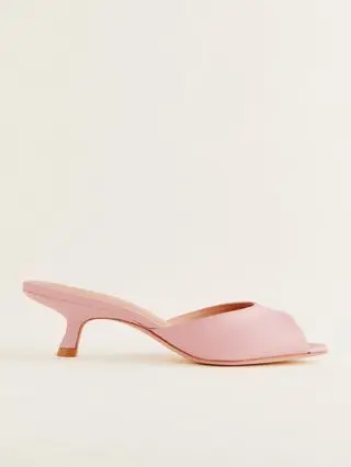 Pink peep-toe satin mules