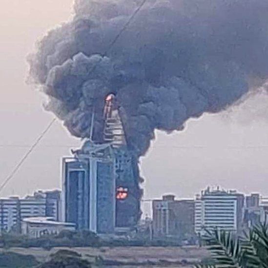 Landmark skyscraper in Sudan’s capital engulfed in flames