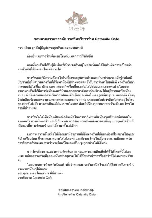 คาเฟ่แมว แจง ขอโทษสื่อสารทำให้เข้าใจผิด ยันพาแมวไปหาหมอตั่งแต่ป่วยแล้ว