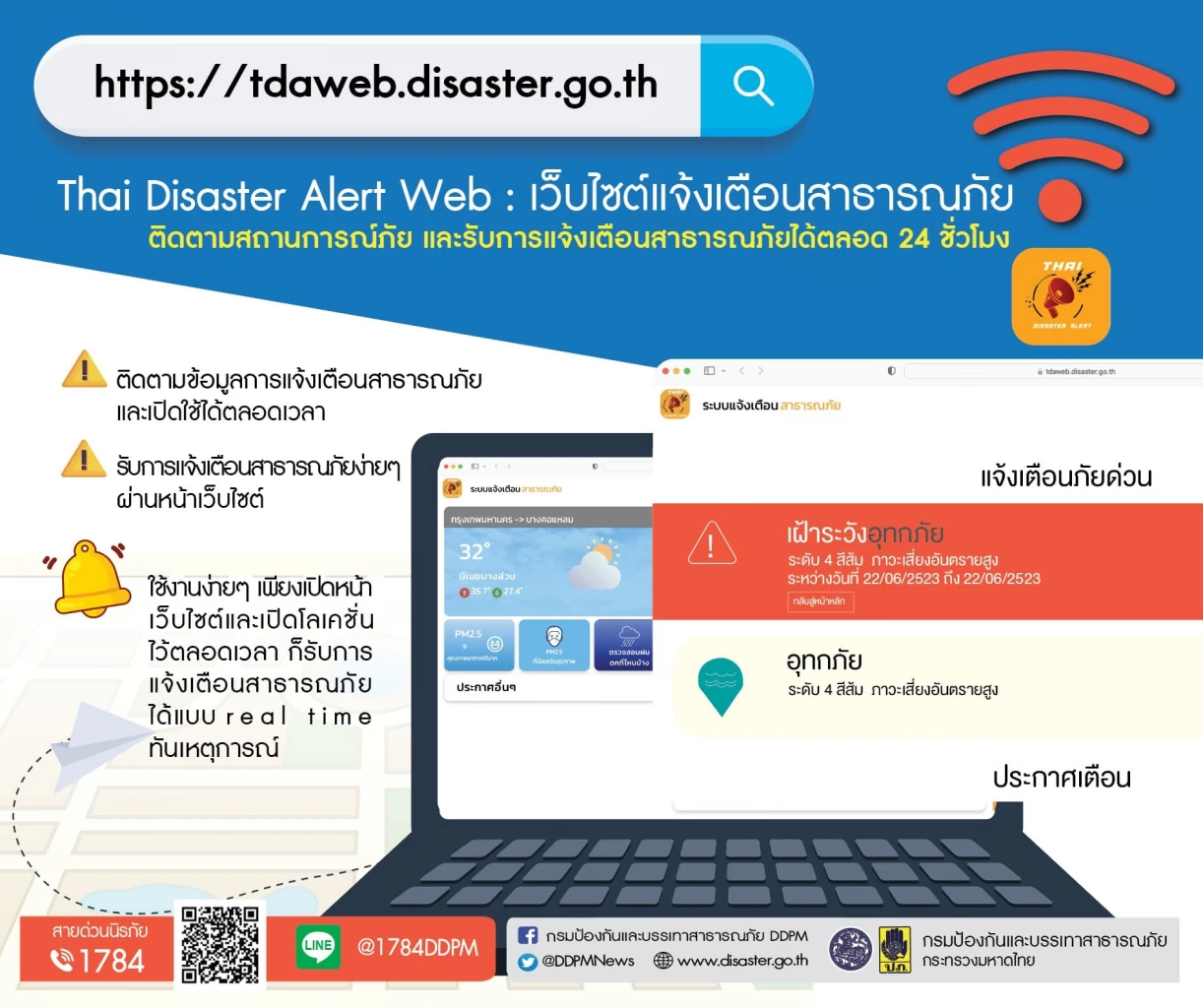 ปภ. เปิดเว็บไซต์แจ้งเตือนสาธารณภัย Thai Disaster Alert Web แจ้งเตือนได้ 24 ชม.