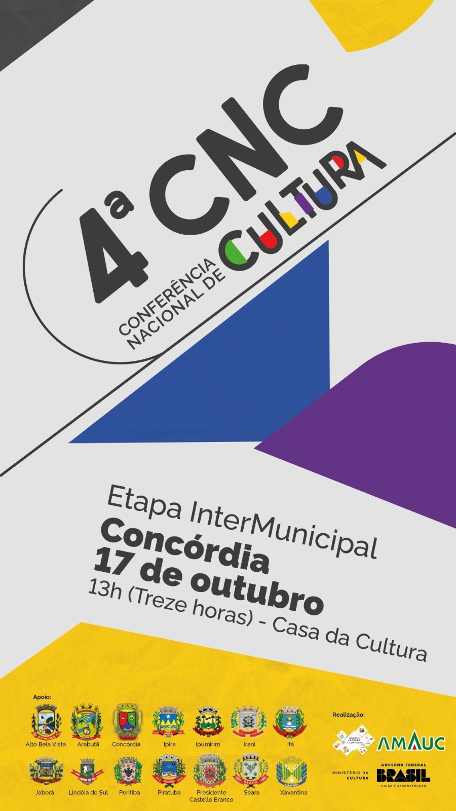 Etapa Intermunicipal da 4ª Conferência Nacional de Cultura acontece no próximo dia 17, em Concórdia