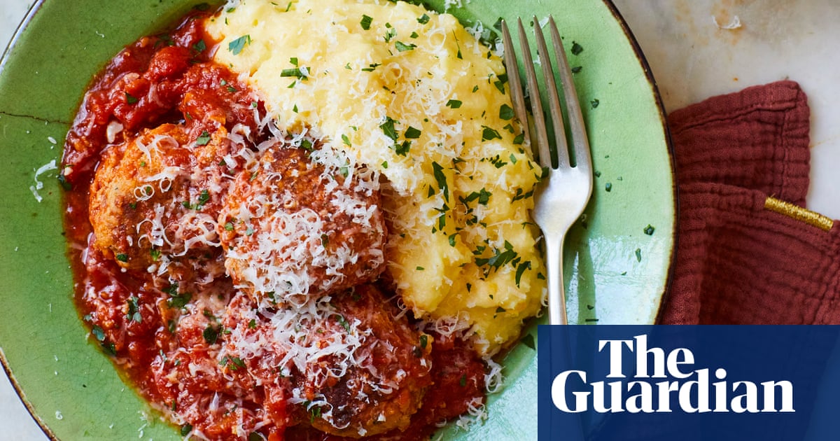 Thomasina Miers’ recipe for meatballs and tomato sauce with double corn parmesan polenta