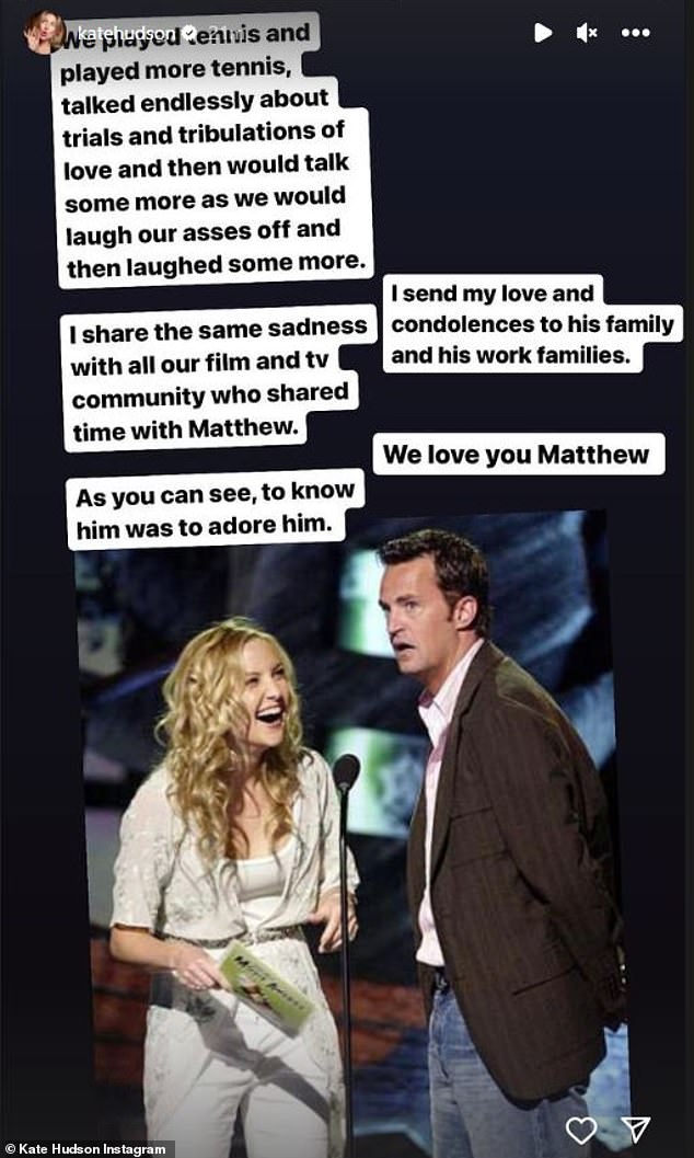 Kate Hudson pays tribute to late actor Matthew Perry on social media