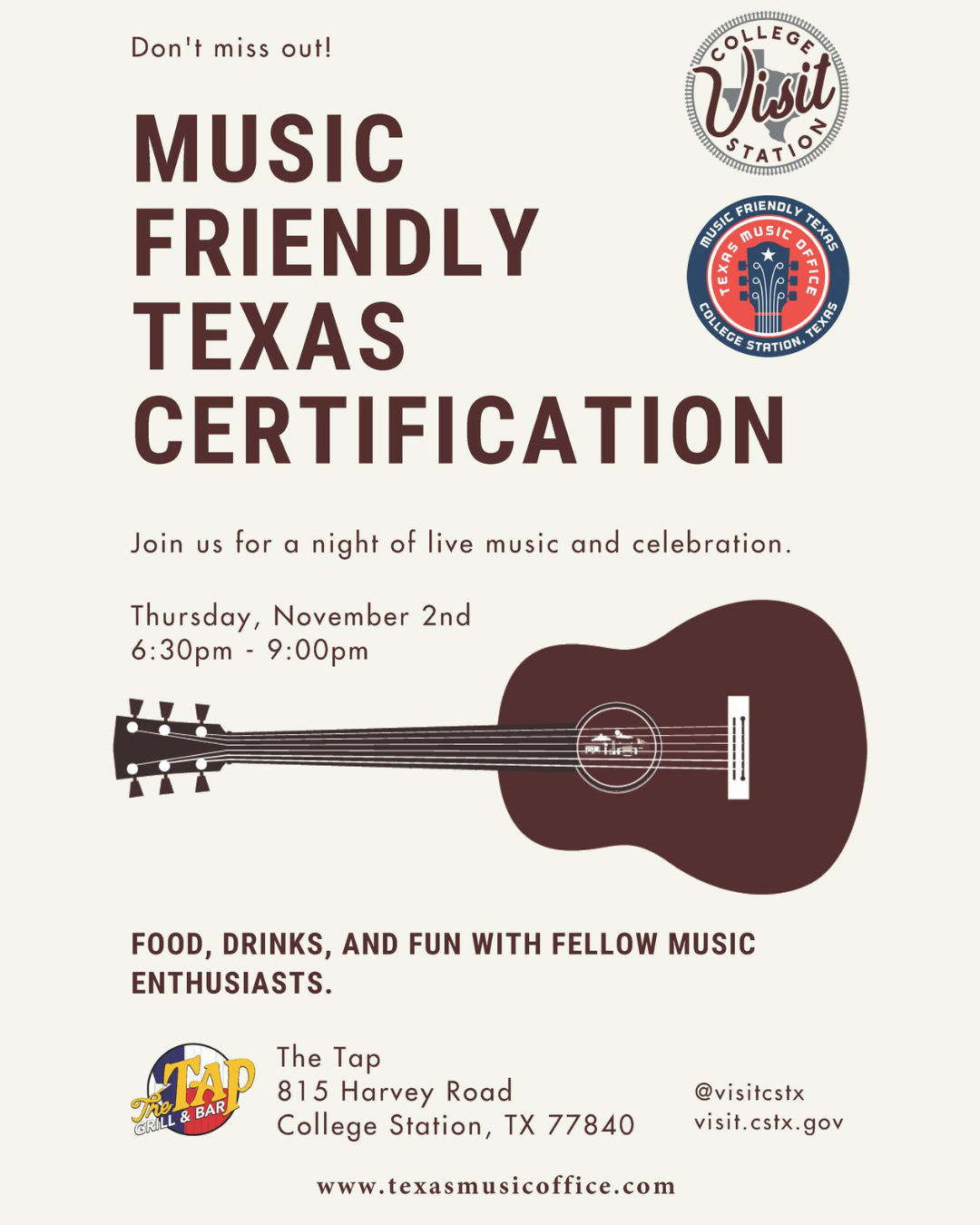 Texas Music Office Announces College Station Designated Music Friendly Texas Certified Community