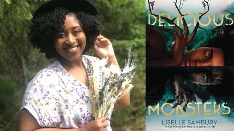 On the left, a woman in a floral dress and hat smiles into the camera. On the right, a book cover of the book Delicious Monsters.