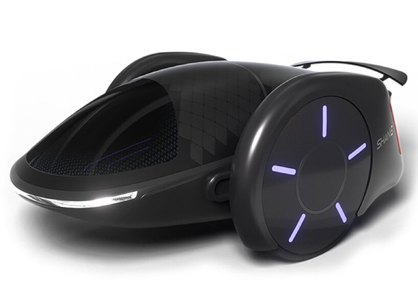 electric car in hoverboard shape comes with two big wheels & doors that open like clamshell