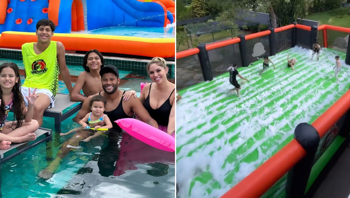 Hulk curte piscina e futebol de sabão com a mulher e os filhos; assista