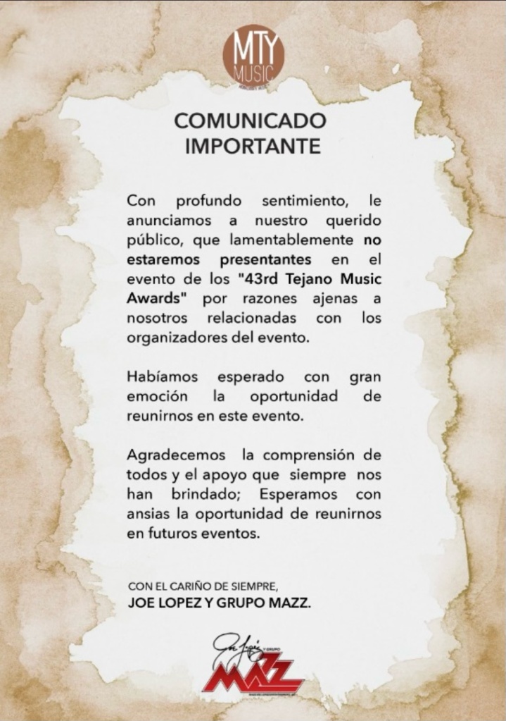 Joe Lopez releases statement on 43rd Tejano Music Awards