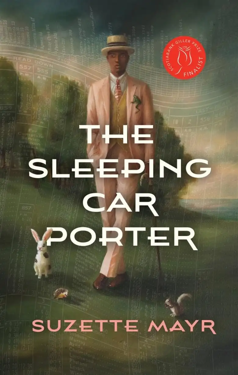 The book cover features an illustration of a black man in a pink and mustard full suit with a beige brimmed hat. He stands in a field lines with trees in the background and he stands beside a small white bunny and a grey squirrel at his feet. 