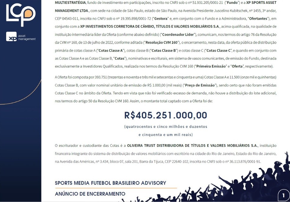 Fundo criado por investidores do Forte Futebol capta R$ 405 milhões, metade do valor pretendido
