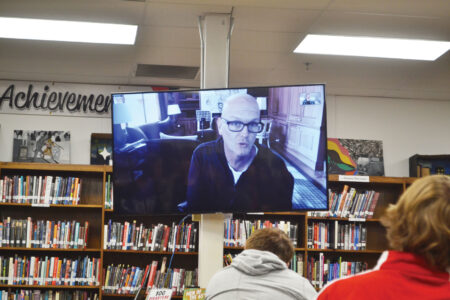 Sports broadcaster Scott Van Pelt speaks to Parkersburg High School students