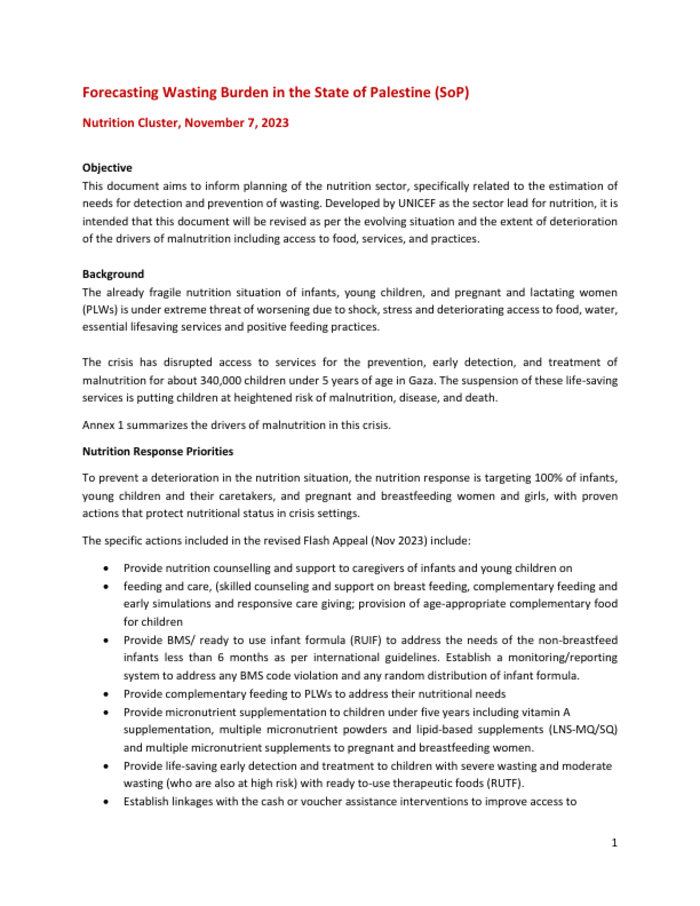 Forecasting Wasting Burden in the State of Palestine (Nutrition Cluster, November 7, 2023)