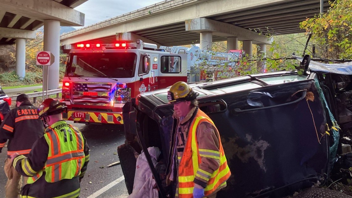 Driver escapes with non-life-threatening injuries after car rolls off I-90 overpass