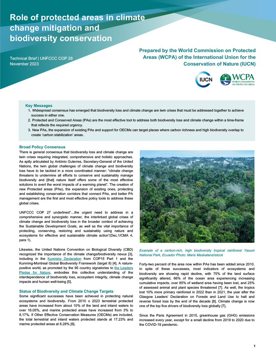 Role of protected areas in climate change mitigation and biodiversity conservation