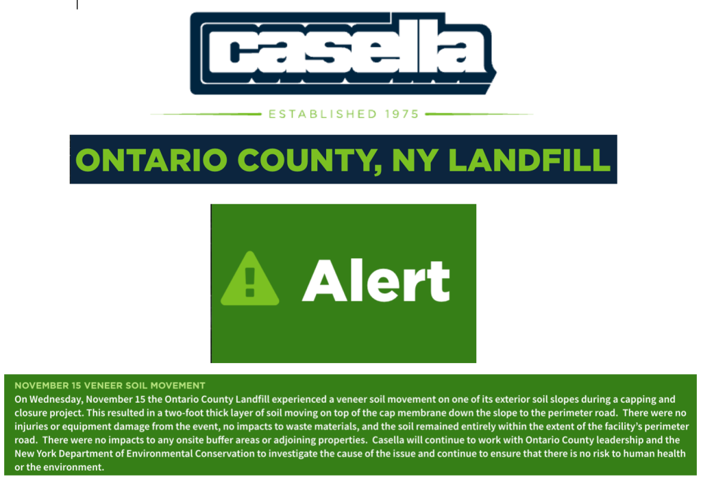 Cause ‘unknown’ of landslide at Ontario County Landfill; no waste escaped facility, Casella says