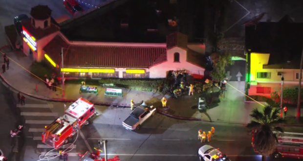 One injured after three-car crash causes truck to veer into restaurant in Hollywood