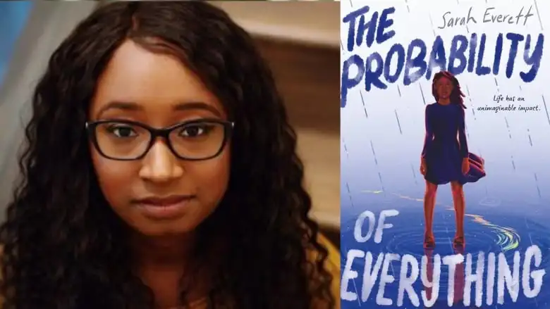 A Black woman with curly hair and glasses looks at the camera. A book cover of a girl in a dress standing in the rain. 