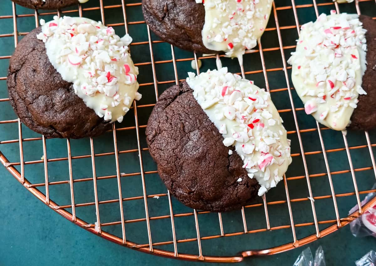 White Chocolate Dipped Peppermint Chocolate Cookies