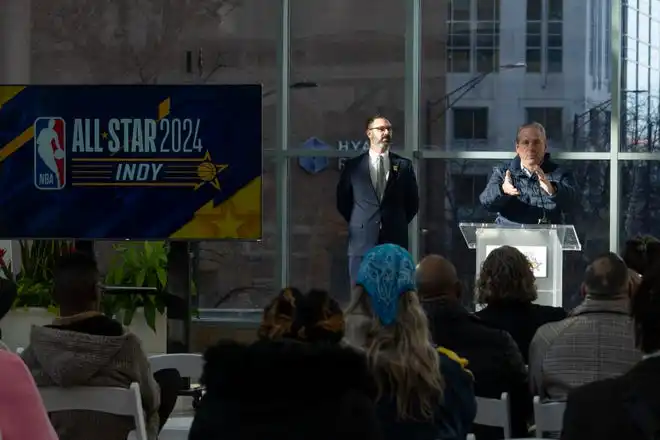 Rick Fuson, Pacers Sports & Entertainment CEO and Chairman of the NBA All-Star 2024 Board of Directors, announces NBA All-Star 2024 arts and culture events at a press conference Wednesday, Jan. 17, 2024, at the Indianapolis Artsgarden.