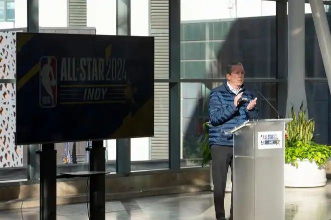 Rick Fuson, Pacers Sports & Entertainment CEO and Chairman of the NBA All-Star 2024 Board of Directors, announces NBA All-Star 2024 arts and culture events at a press conference Wednesday, Jan. 17, 2024, at the Indianapolis Artsgarden.