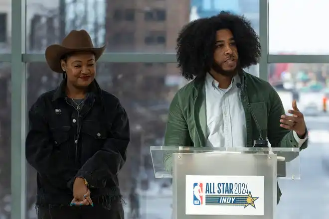 Alan Bacon, GANGGANG Co-Founder, announces NBA All-Star 2024 arts and culture events at a press conference Wednesday, Jan. 17, 2024, at the Indianapolis Artsgarden.