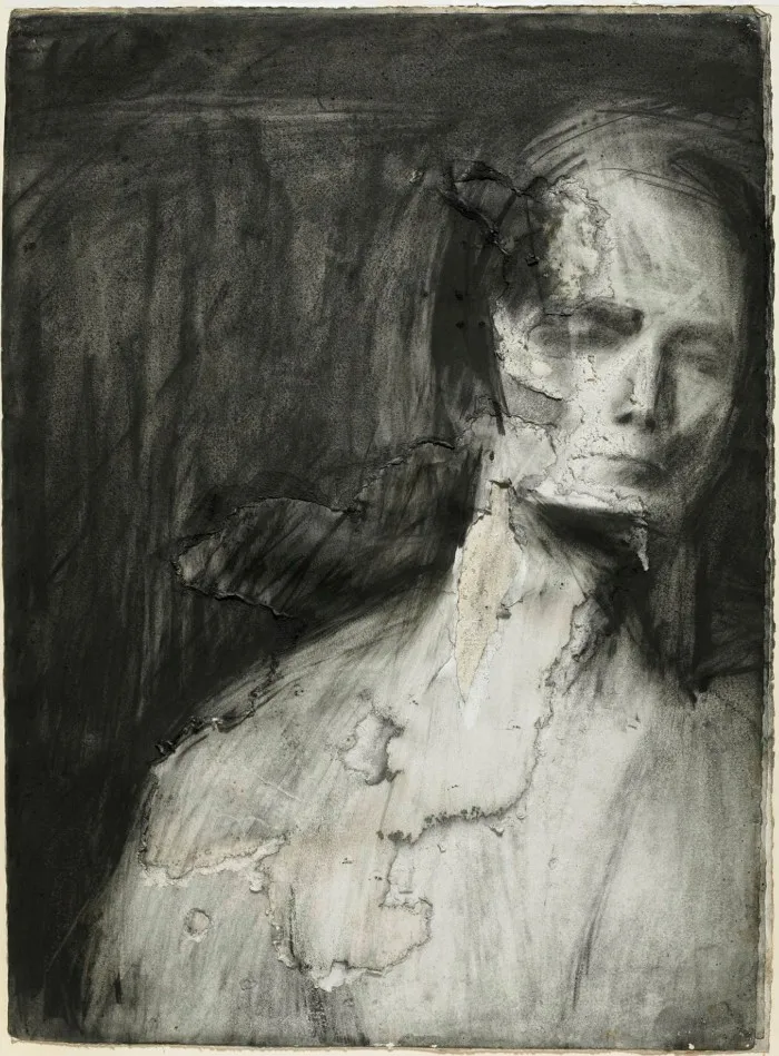A distorted black and white sketch of a woman’s head and shoulders