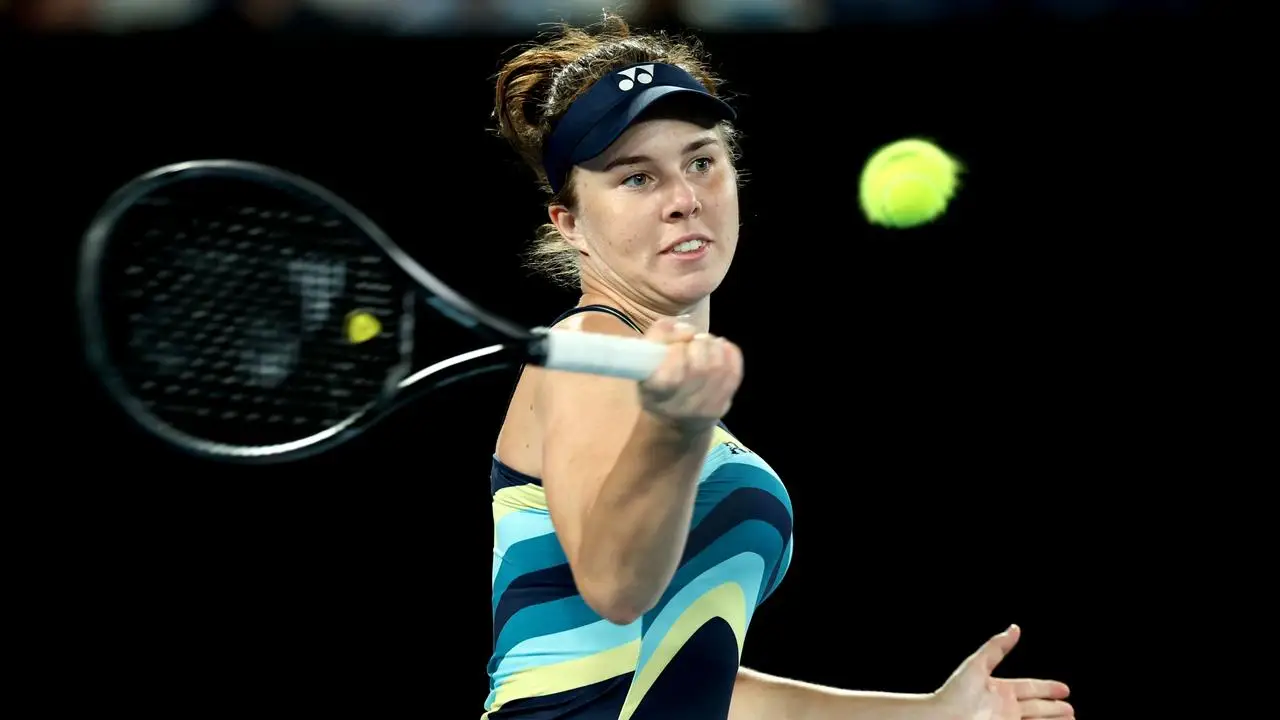 Linda Noskova of the Czech Republic plays a forehand in their round three singles match against Iga Swiatek of Poland during the 2024 Australian Open at Melbourne Park on January 20, 2024 in Melbourne, Australia. (Photo by Cameron Spencer/Getty Images)