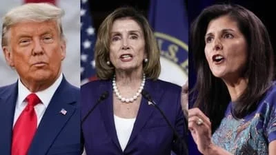 Former US President Donald Trump, Ex-US Speaker of the House Nancy Pelosi and GOP Presidential Hopeful Nikki Haley