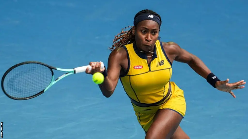 Coco Gauff hits a return at the Australian Open