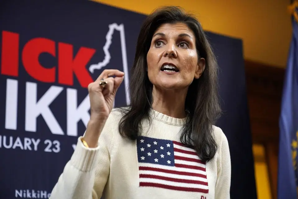 Republican presidential candidate Nikki Haley speaks to reporters after a campaign stop in Peterborough, New Hampshire (Robert F Bukaty/AP)