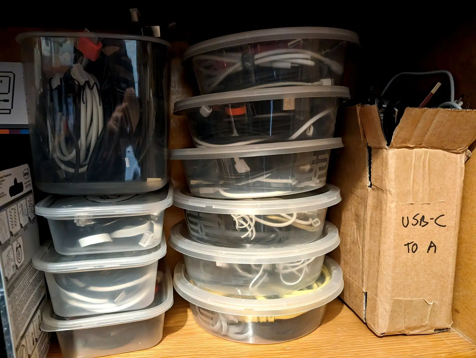 Boxes and bins containing sorted cables