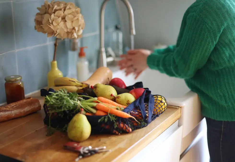 various vegetables and fruits in a eco shopping bag