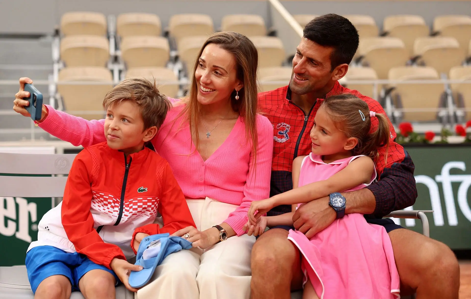 The Serb with his wife Jelena, son Stefan, and daughter Tara at the 2023 French Open