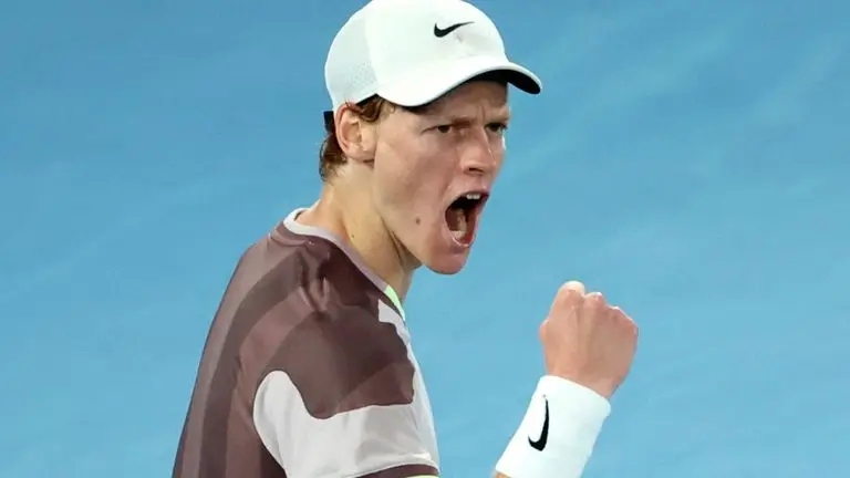 Jannik Sinner of Italy reacts after winning the second set against Andrey Rublev of Russia during their quarterfinal match at the Australian Open tennis championships at Melbourne Park, Melbourne, Australia, Wednesday, Jan. 24, 2024. (AP Photo/Asanka Brendon Ratnayake)