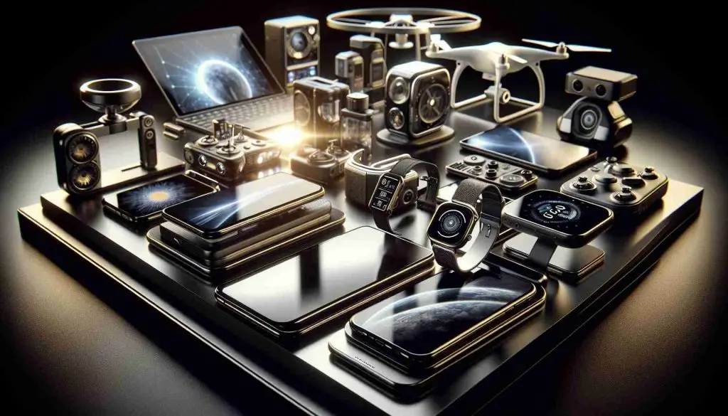 A detailed, high-definition image showcasing the latest innovations in electrical gadgets for the current year. The scene includes a variety of devices such as advanced smartphones with foldable screens, innovative smartwatches featuring health-focused technologies, compact drones equipped with sophisticated cameras, cutting-edge tablets boasting high resolution, and sleek laptops with extended battery life and improved processing power. These gadgets are arranged neatly on a modern platform, under the illuminating highlight of futuristic lighting.