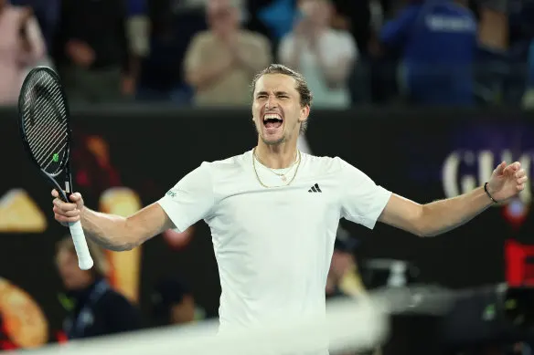 Alexander Zverev celebrates after winning the quarter-finals match against Carlos Alcaraz.