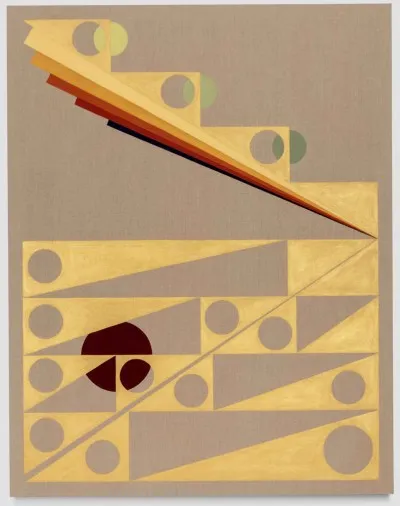 Gold geometric patterns—stacked triangles with circles cut out—form a diagonal composition