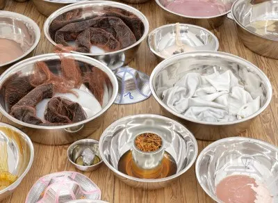 A smattering of silver bowls reflecta nd refract various materials—cortycepts in a paint can, fleshy silicone, etc.