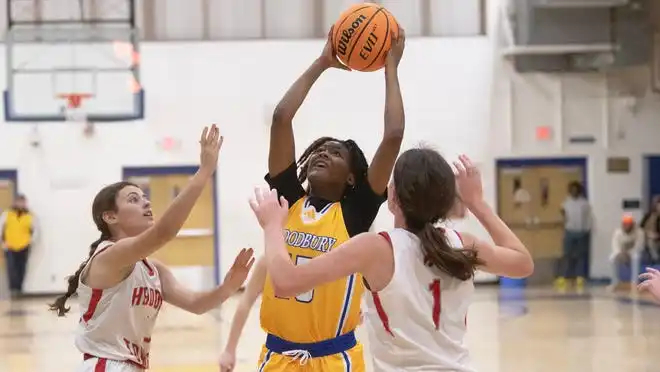 Woodbury's Dasani Talley-Dorman puts up a shot during the girls basketball game between Woodbury and Haddon Township played at Woodbury High School on Thursday, January 25, 2024.