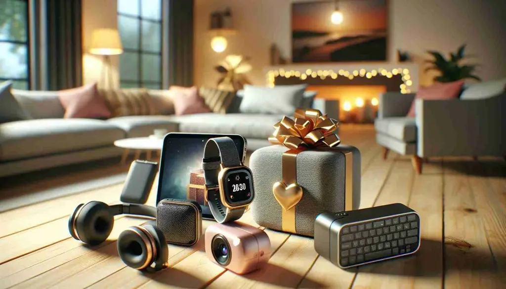 Generate a high-definition and realistic scene featuring charming tech gadgets that would make perfect gifts for your loved ones. These gadgets can include an innovative smartwatch, a compact bluetooth speaker, snazzy wireless earbuds, a tiny portable projector, and an ergonomic keyboard, set against a backdrop of a cozy living room. The room has soft lighting, creating a warm and inviting atmosphere. To add a personal touch, there should be a gift tag on each item with a heart drawn on it.