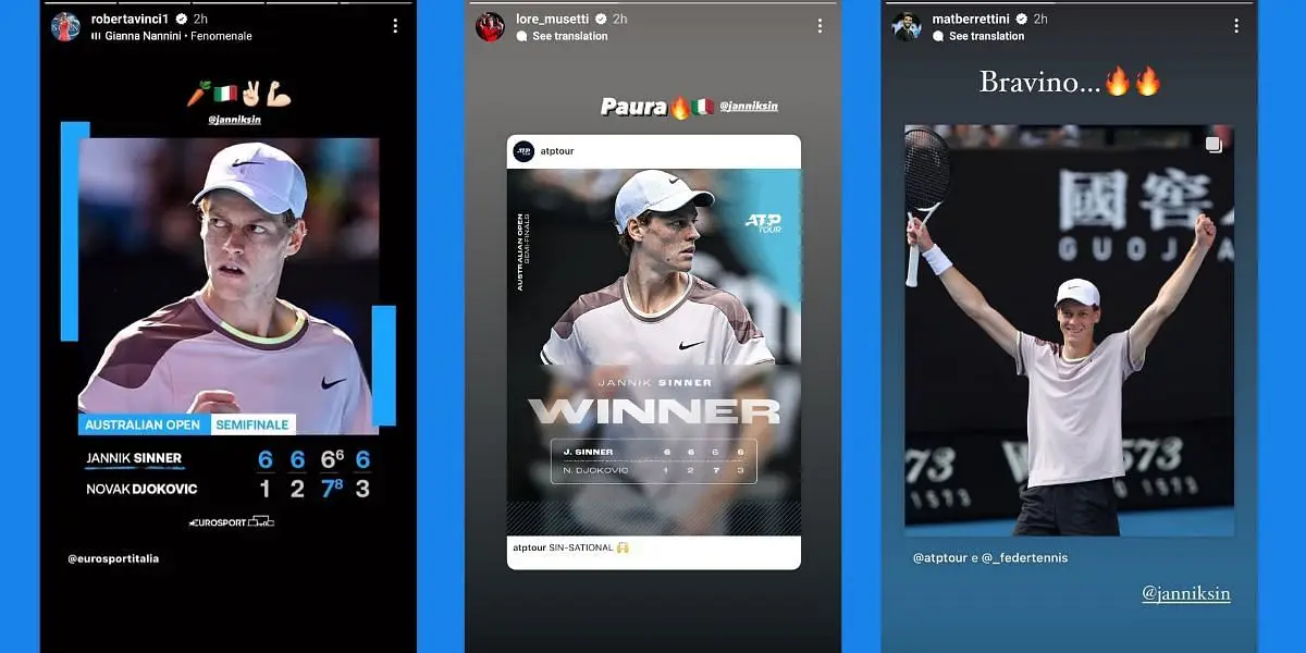 Roberta Vinci, Lorenzo Musetti and Matteo Berrettini's Instagram stories