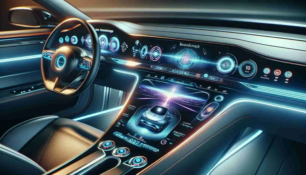 A futuristic, high-definition image of a next-generation in-car experience set in the year 2024. The system is designed by a leading tech company, known for creating benchmark technologies. The shot focuses on the touchscreen interface, embedded seamlessly aboard the sleek dashboard of a car. It projects a state-of-the-art display shining with vibrant colors, exhibiting advanced navigation, music controls, and other accessible apps. The settings look sophisticated, user-friendly, and exudes a sense of modern impracticality. The surroundings show soft ambient lighting, accentuating the luxurious leather interiors of the vehicle.