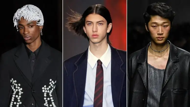 3 side-by-side closeup images of models on fashion runways. Left: A model with a black jacket and shirt, and a white wig. Middle: A model wearing a white shirt, red striped tie and denim blazer with windswept hair that looks frozen in place. Right: A model with a grey shirt, black leather jacket and short hair parted on the side. 