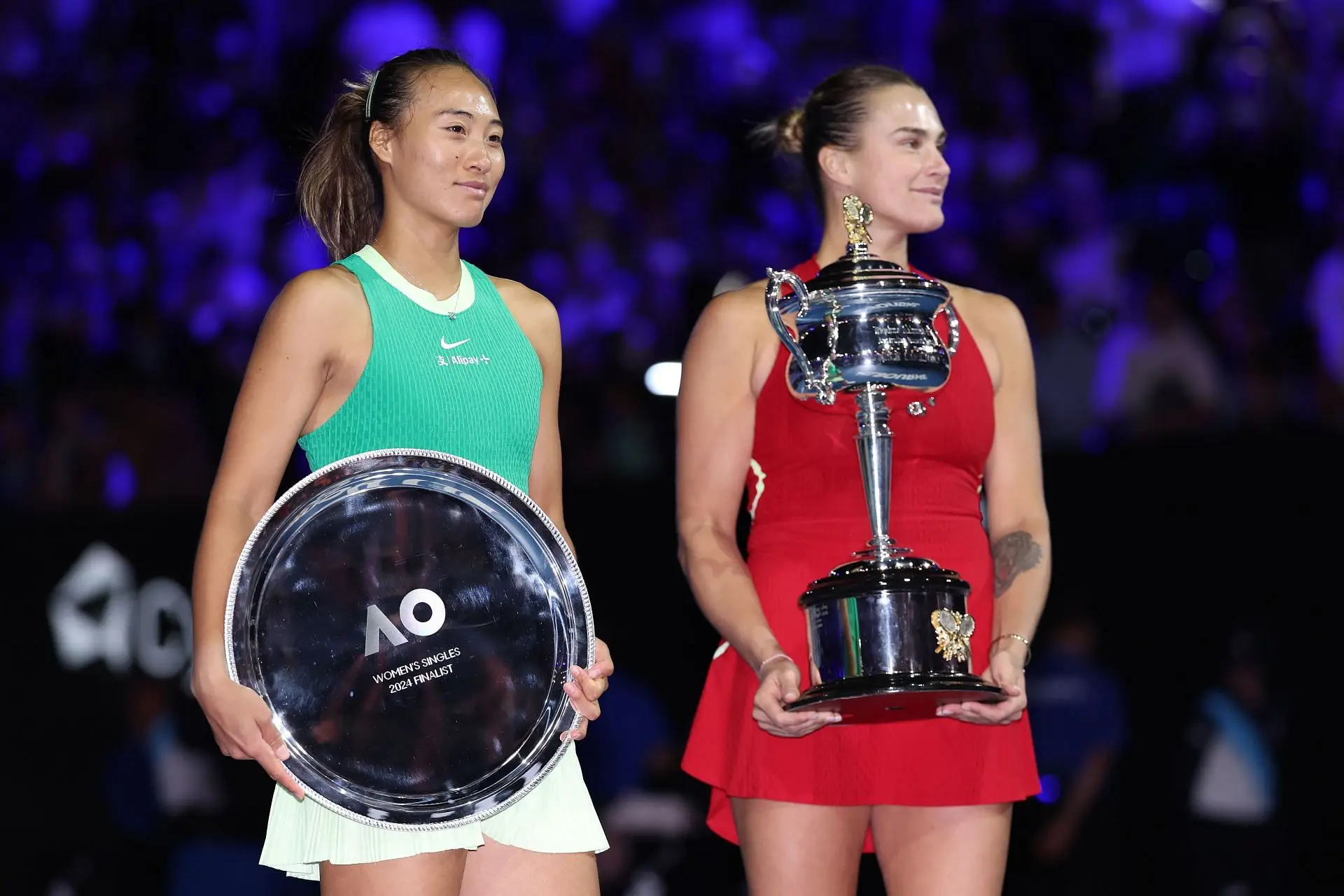 Zheng Qinwen and Aryna Sabalenka pictured at the 2024 Australian Open